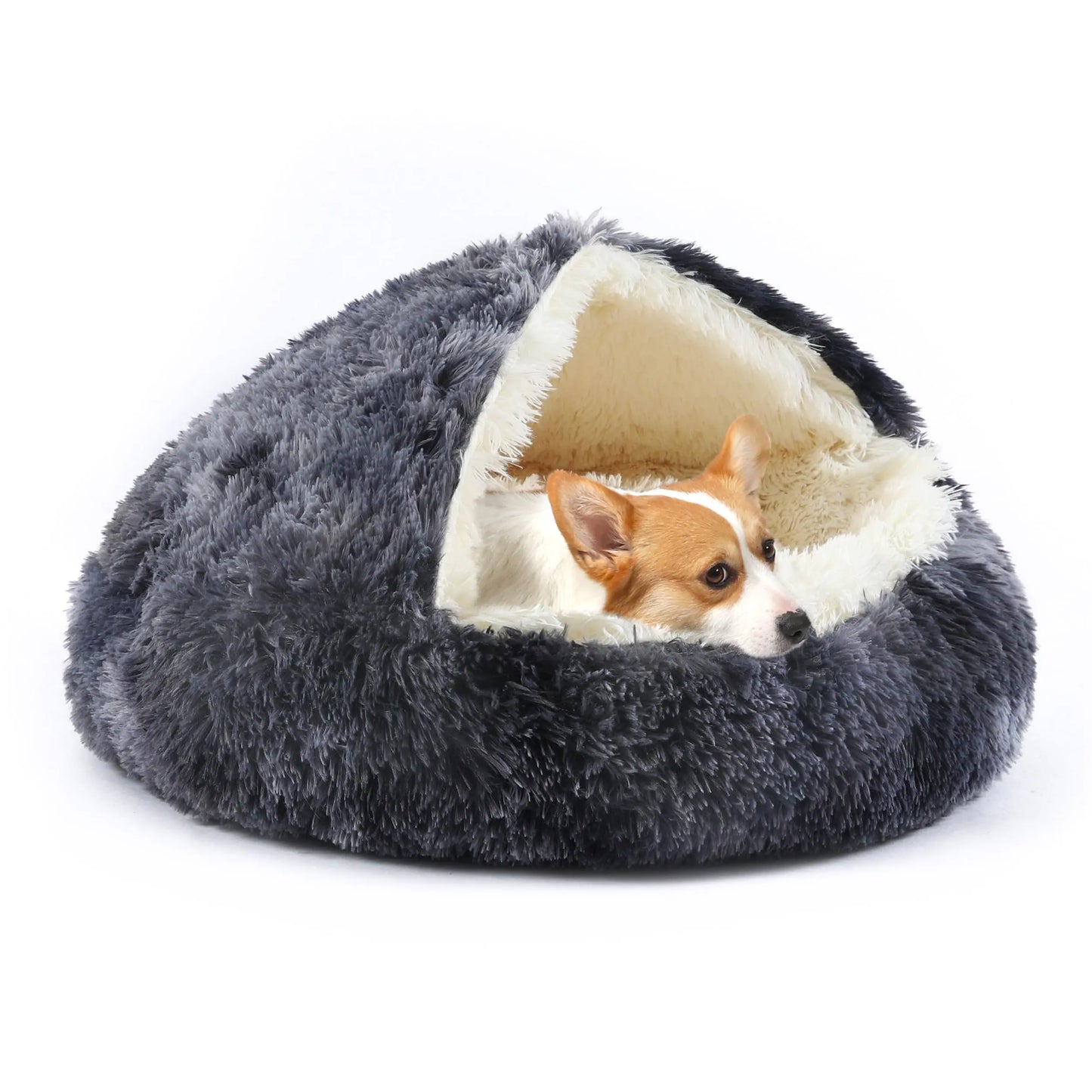 KITTYWOO Dog Bed Round Hooded Plush Cat Cave Self Warming Pet Bed Donut Anti Anxiety Fluffy Pet Bed for Puppy and Kitty