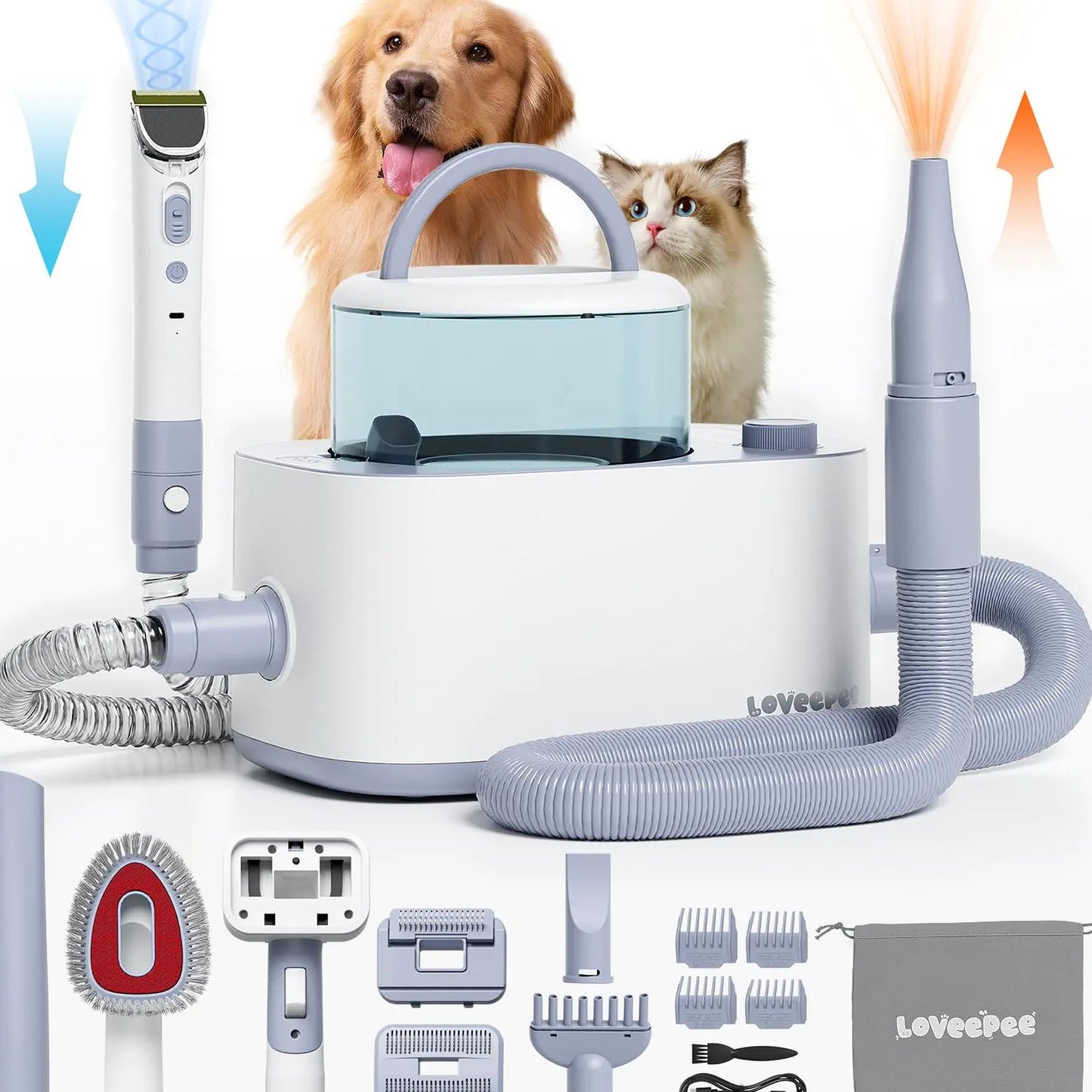LOVEEPEE Dog Grooming Vacuum Kit Dog Vacuum for Shedding Grooming Hair Dryer Kit 9-in-1 Dog Brush Vacuum with Electric Pet Clippers 21KPa Adjustable Speed & Temperature - 3L Dust Box