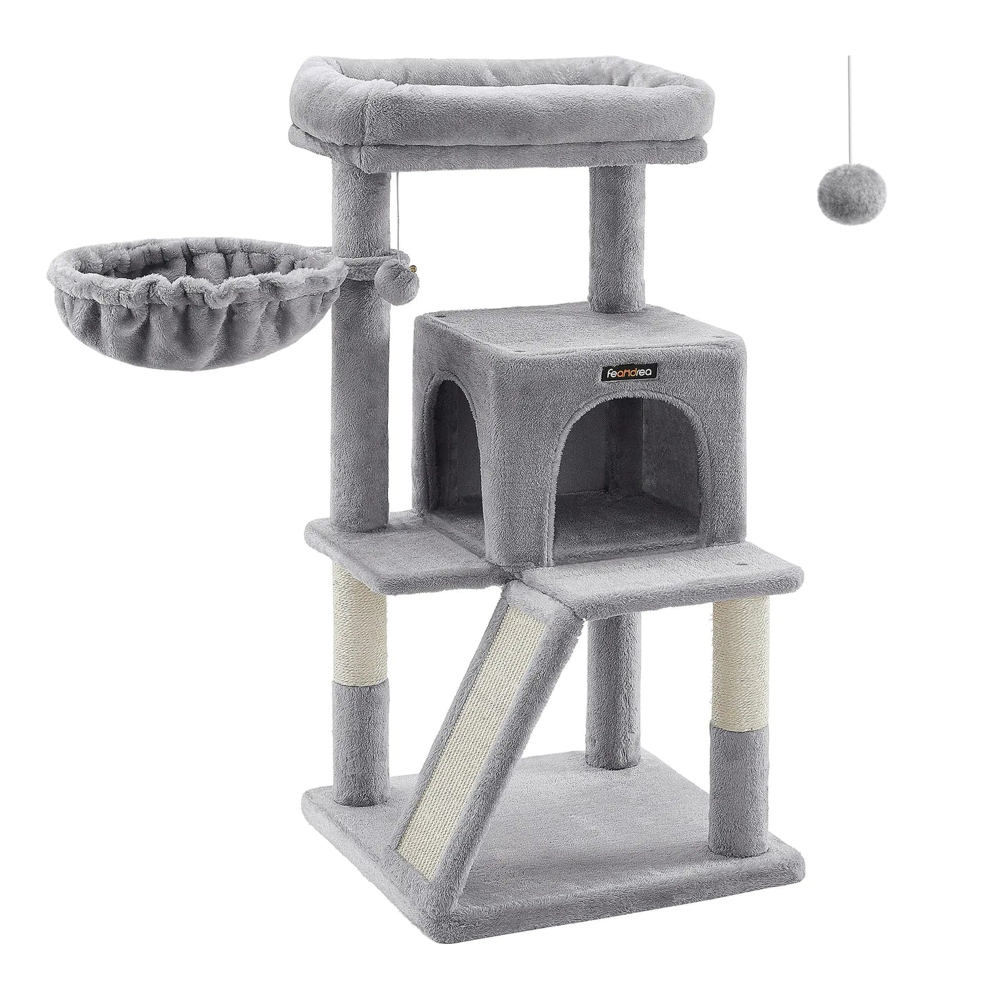 Feandrea Cat Tree Small Cat Tower with Widened Perch for Large Cats Indoor Kittens 37.8-Inch Multi-Level Cat Condo Scratching Posts and Ramp 2-Door Cat Cave Cat Basket Light Gray UPCT51W