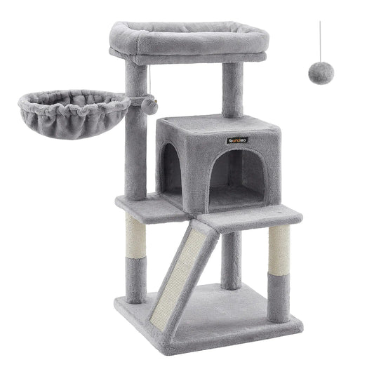Feandrea Cat Tree Small Cat Tower with Widened Perch for Large Cats Indoor Kittens 37.8-Inch Multi-Level Cat Condo Scratching Posts and Ramp 2-Door Cat Cave Cat Basket Light Gray UPCT51W