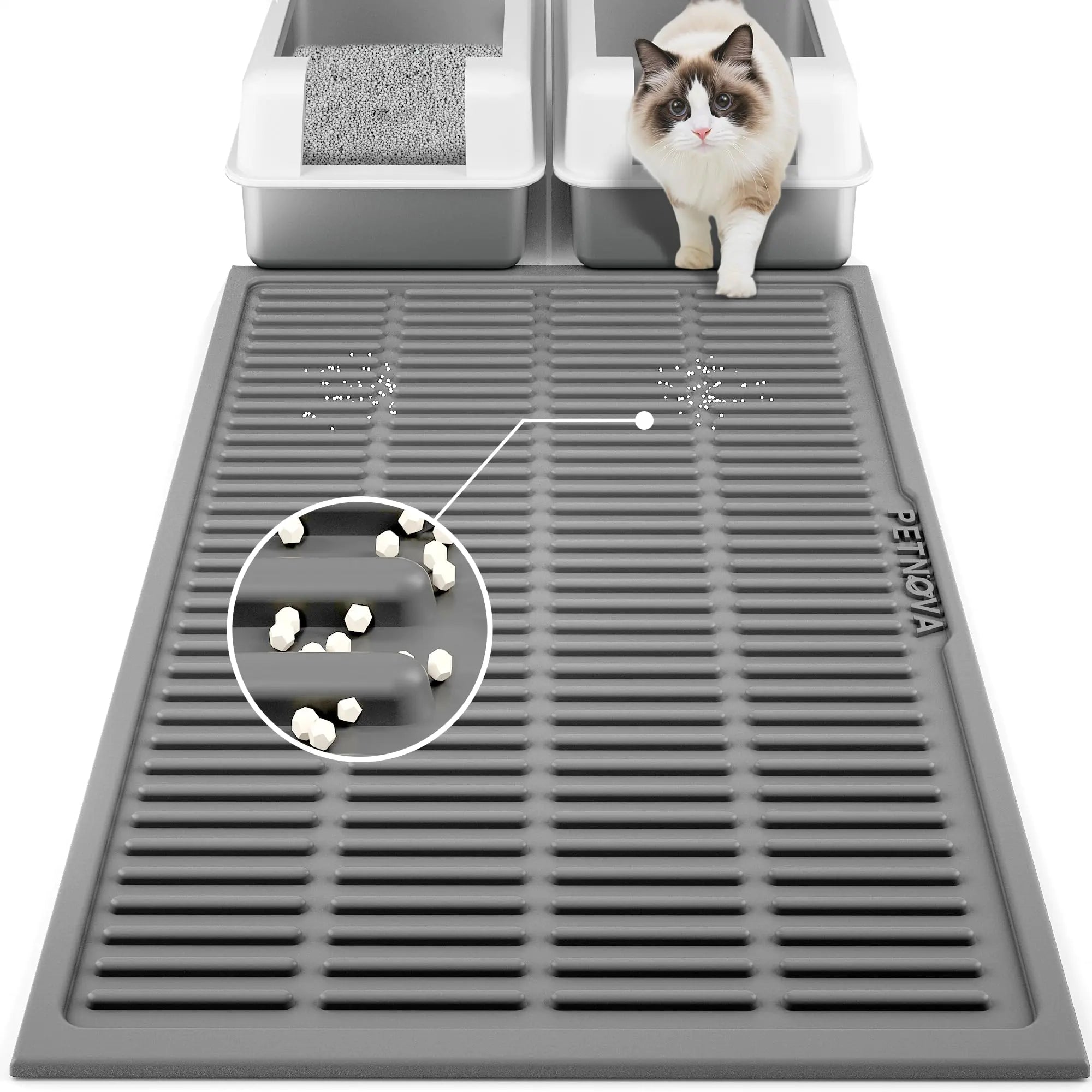 PetNova Extra Large Litter Mat: Silicone Litter Box Mat Easy Clean - Waterproof Kitty Litter Mat Litter Trapping Mat for Floor - Anti Tracking Cat Litter Catcher Mat Washable (Grey 40”x30”)