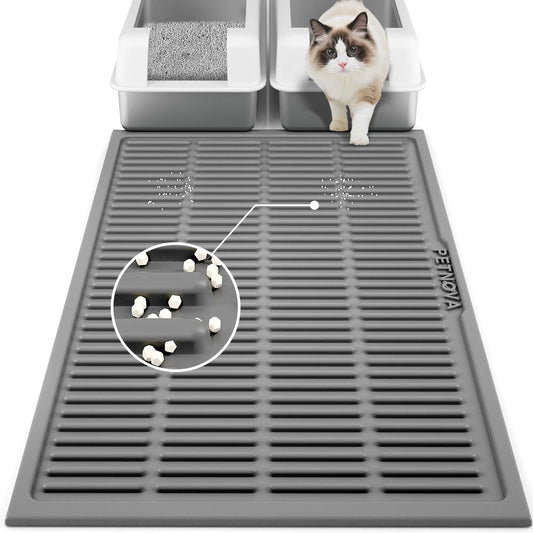 PetNova Extra Large Litter Mat: Silicone Litter Box Mat Easy Clean - Waterproof Kitty Litter Mat Litter Trapping Mat for Floor - Anti Tracking Cat Litter Catcher Mat Washable (Grey 40”x30”)